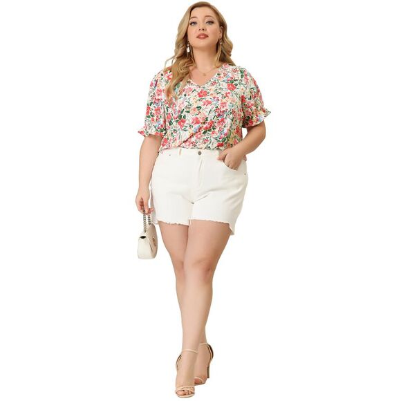 Plus Size Floral V Neck Ruffle Short Sleeve Chic Summer Tops White - Picture 3 of 8